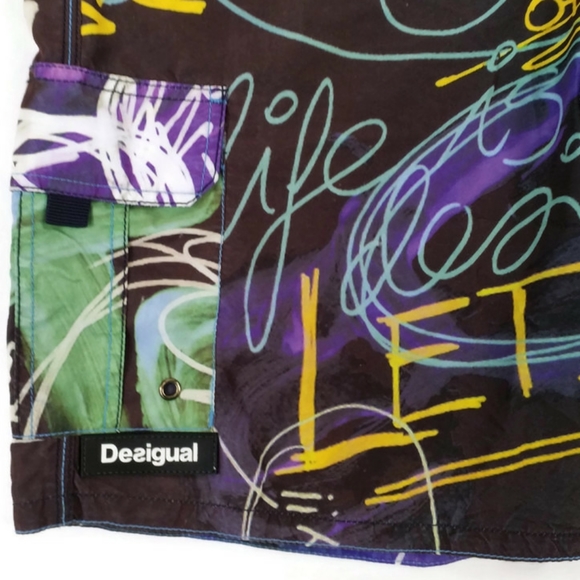 VTG Desigual Multicolor Graffiti Print Mesh Lined Long Length Swim Trunk Mens XL - Picture 8 of 16